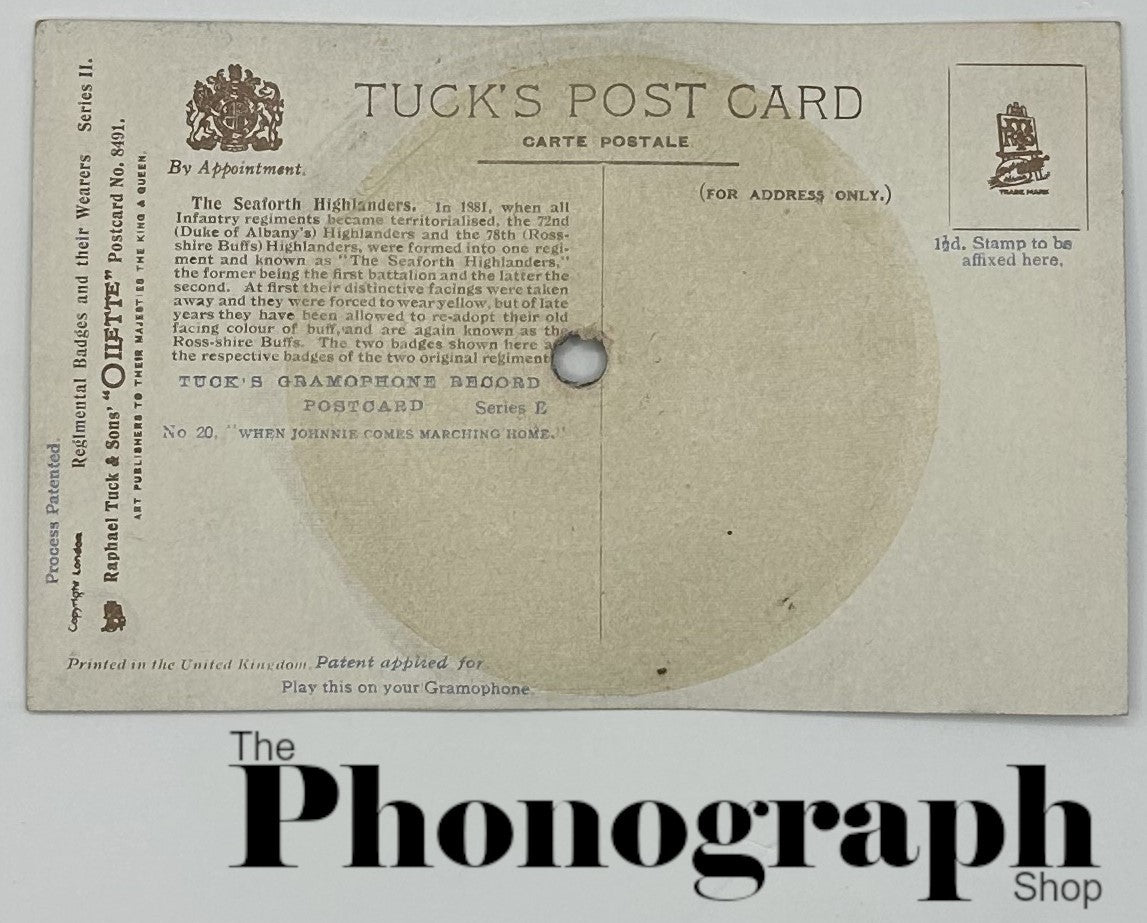 Tuck's Gramophone Record Post Card When Johnnie Comes Marching Home (8491-20-O)