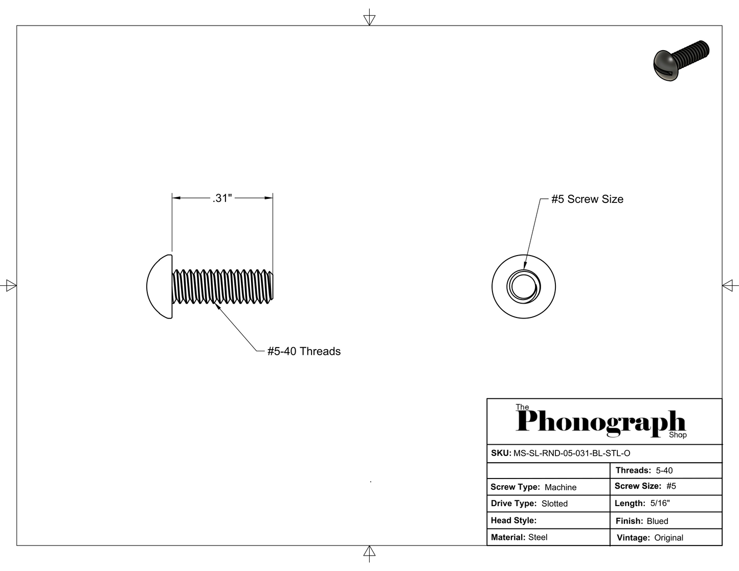 #5 x 5/16" Slotted Round Head Machine Screw (MS-SL-RND-05-031-BL-STL-O)