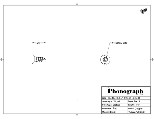 #1 x 1/4" Slotted Flat Head Wood Screw (WS-SL-FLT-01-025-CP-STL-O)
