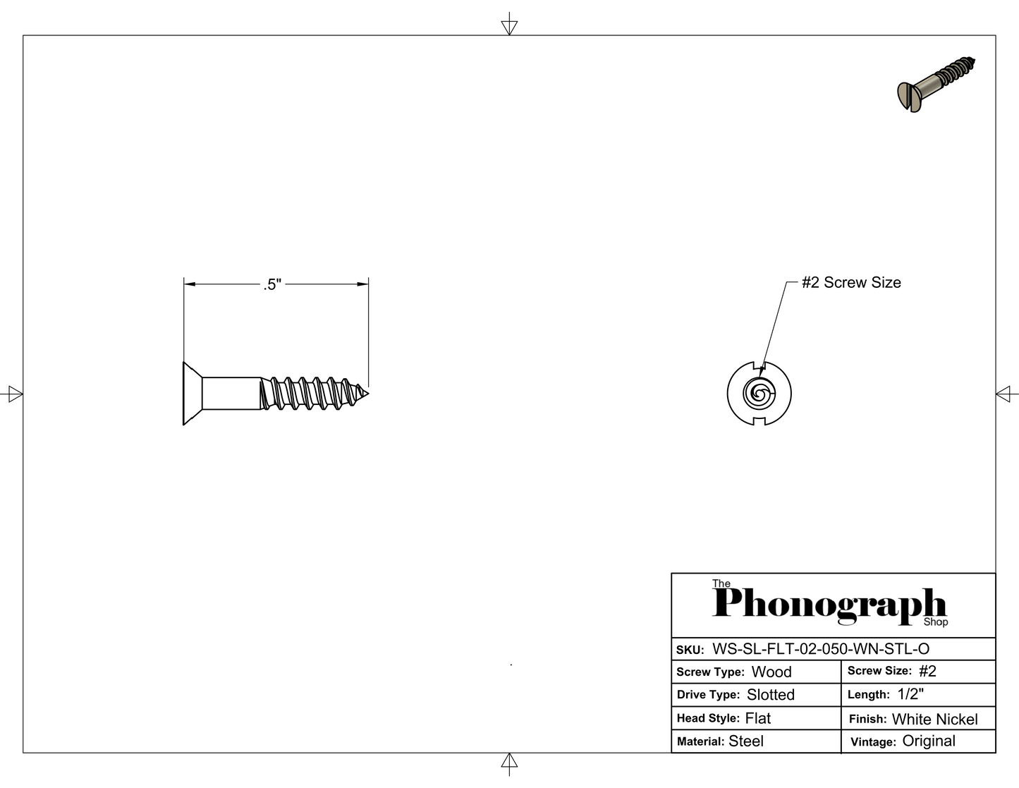 #2 x 1/2" Slotted Flat Head Wood Screw (WS-SL-FLT-02-050-WN-STL-O)