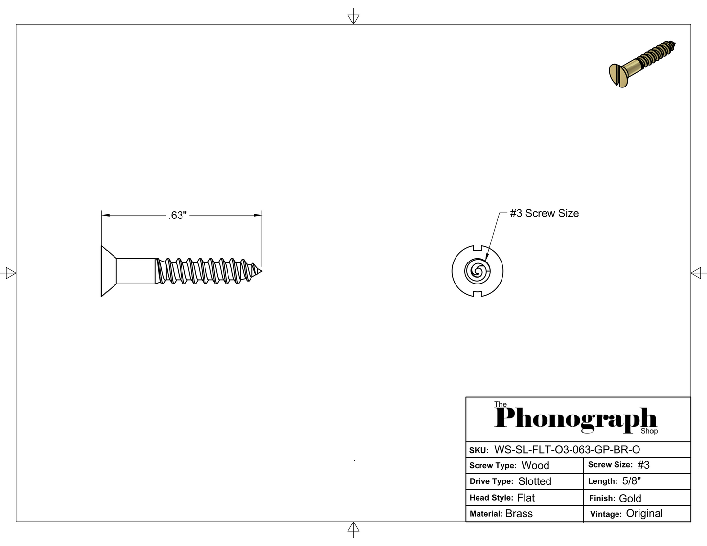 #3 x 5/8" Slotted Flat Head Wood Screw (WS-SL-FLT-03-063-GP-BR-O)