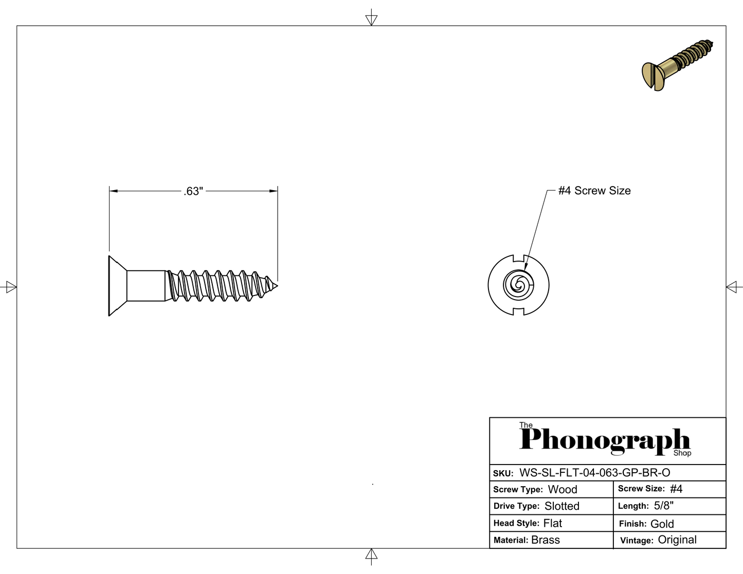 #4 x 5/8" Slotted Flat Head Wood Screw (WS-SL-FLT-04-063-GP-BR-O)