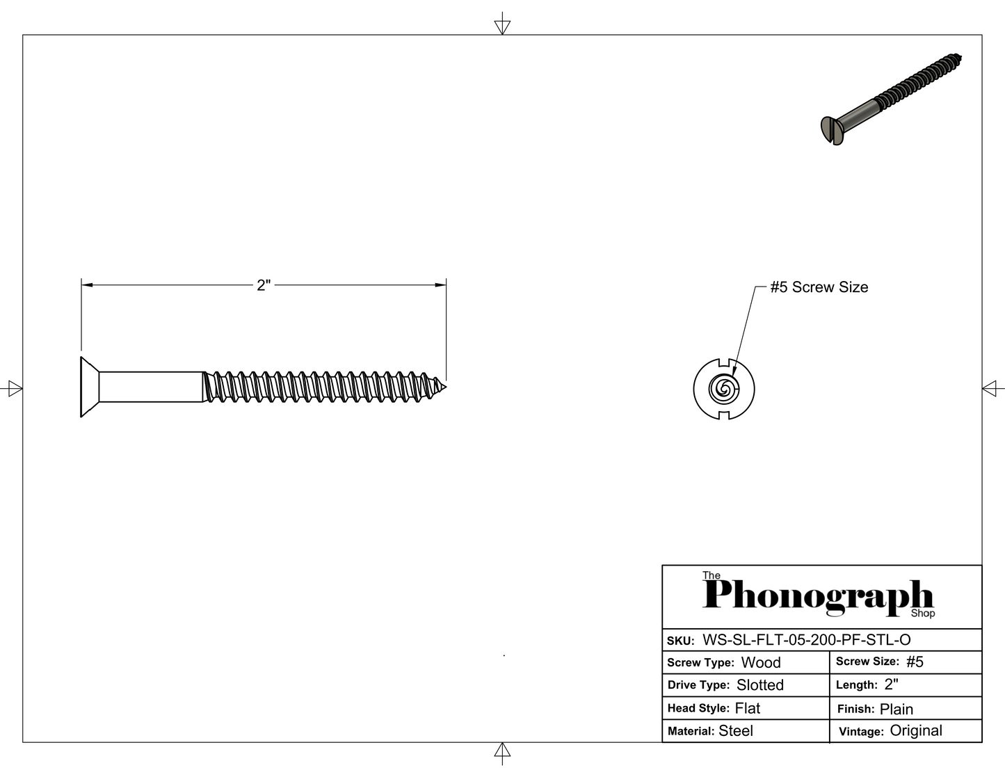 #5 x 2" Slotted Flat Head Wood Screw (WS-SL-FLT-05-200-PF-STL-O)