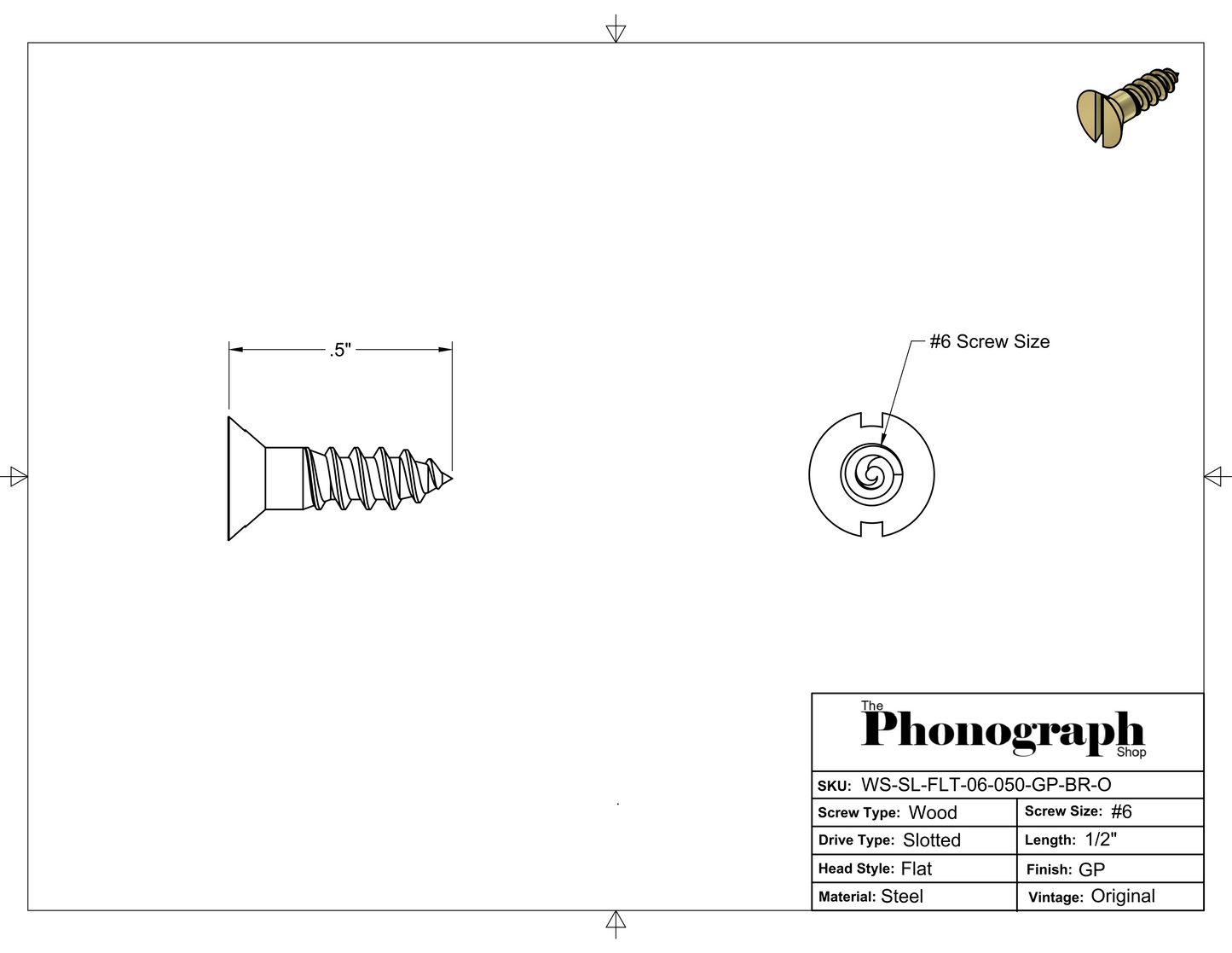 #6 x 1/2" Slotted Flat Head Wood Screw (WS-SL-FLT-06-050-GP-BR-O)
