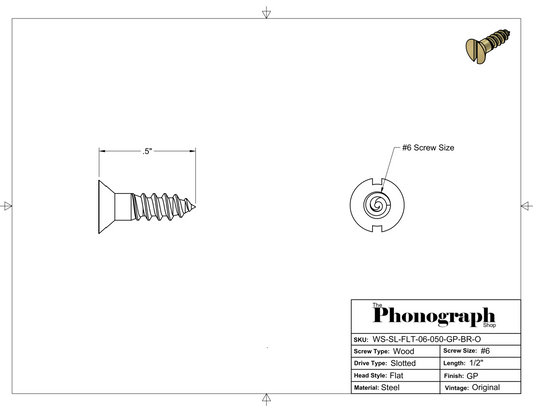 #6 x 1/2" Slotted Flat Head Wood Screw (WS-SL-FLT-06-050-GP-BR-O)