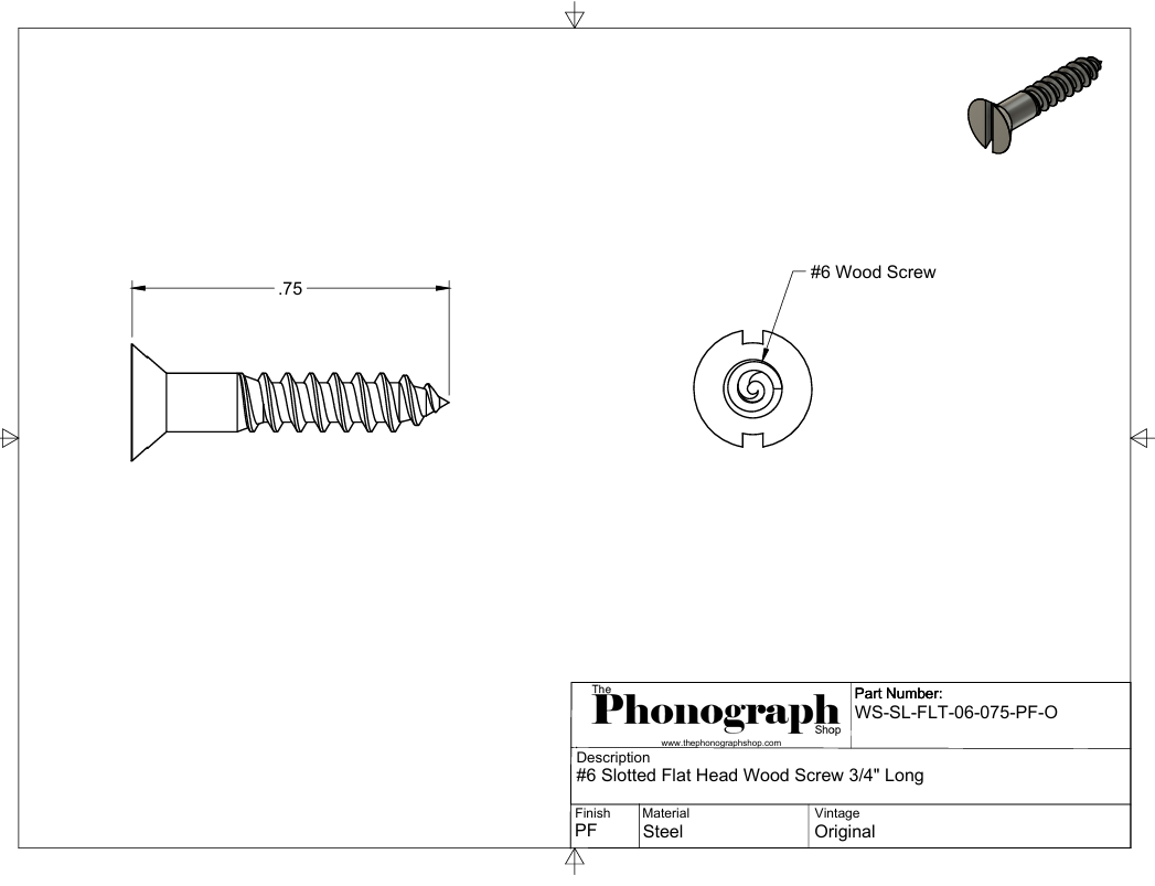 #6 x 3/4" Slotted Flat Head Wood Screw (WS-SL-FLT-06-075-PF-O)