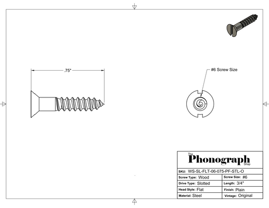 #6 x 3/4" Slotted Flat Head Wood Screw (WS-SL-FLT-06-075-PF-STL-O)