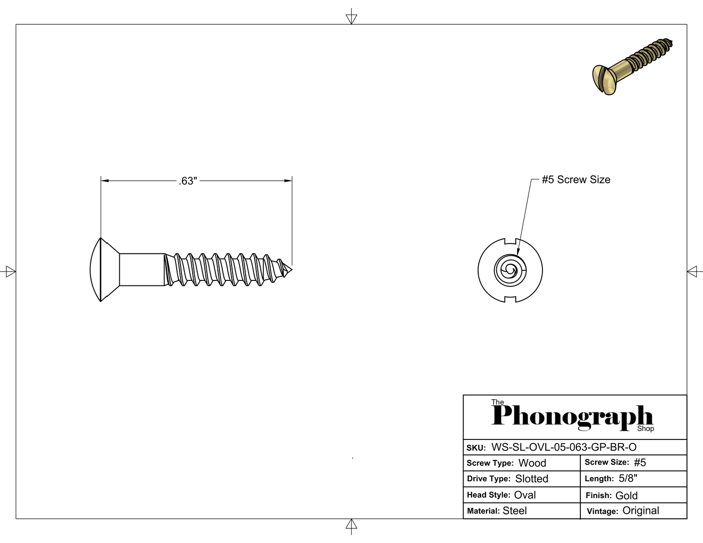 #5 x 5/8" Slotted Oval Head Wood Screw (WS-SL-OVL-05-063-GP-BR-O)