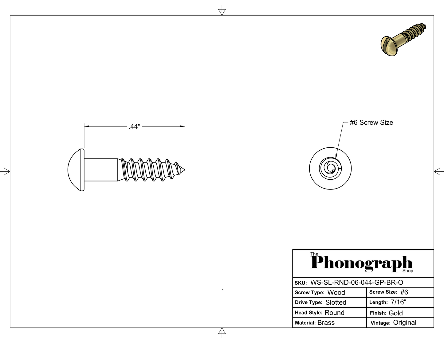 #6 x 7/16" Slotted Round Head Wood Screw (WS-SL-RND-06-044-GP-BR-O)