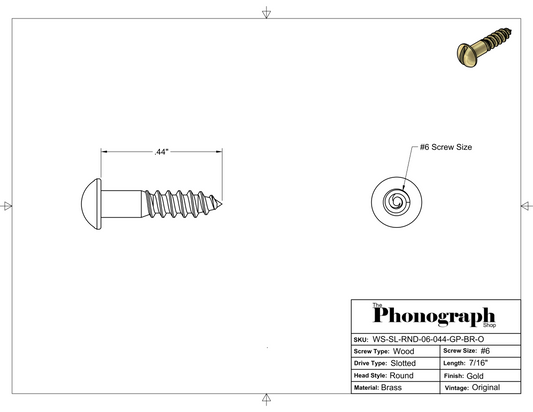 #6 x 7/16" Slotted Round Head Wood Screw (WS-SL-RND-06-044-GP-BR-O)