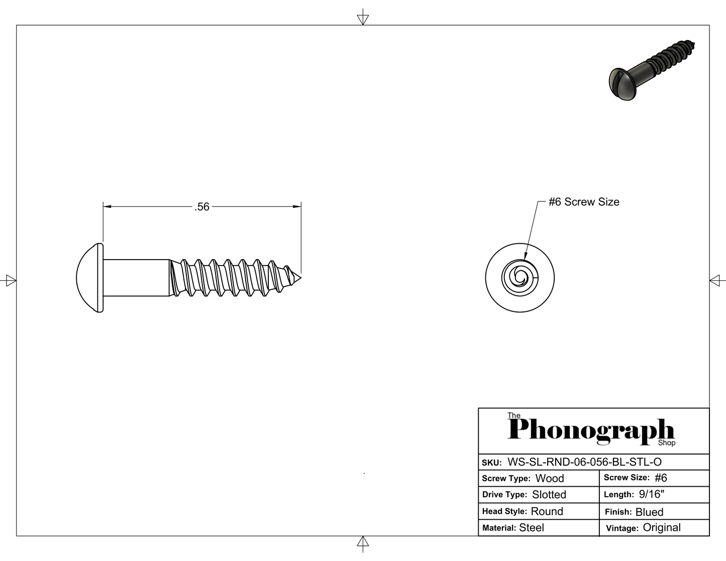 #6 x 9/16" Slotted Round Head Wood Screw [Blued] (WS-SL-RND-06-056-BL-STL-O)