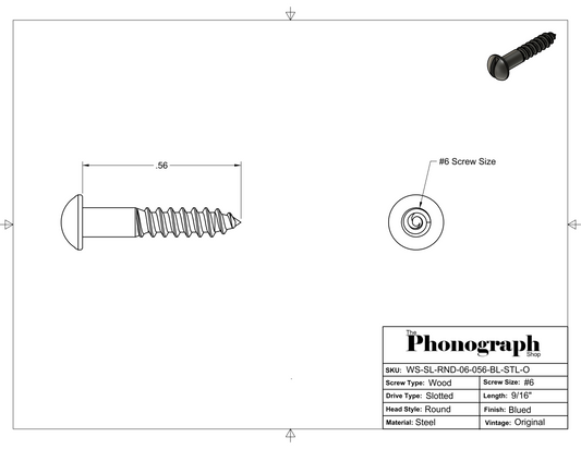 #6 x 9/16" Slotted Round Head Wood Screw [Blued] (WS-SL-RND-06-056-BL-STL-O)