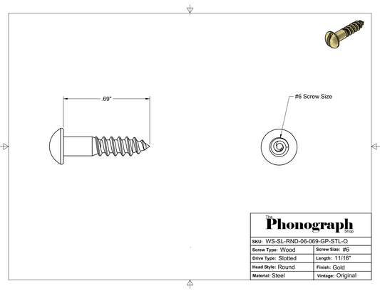 #6 x 11/16"" Slotted Round Head Wood Screw (WS-SL-RND-06-069-GP-STL-O)