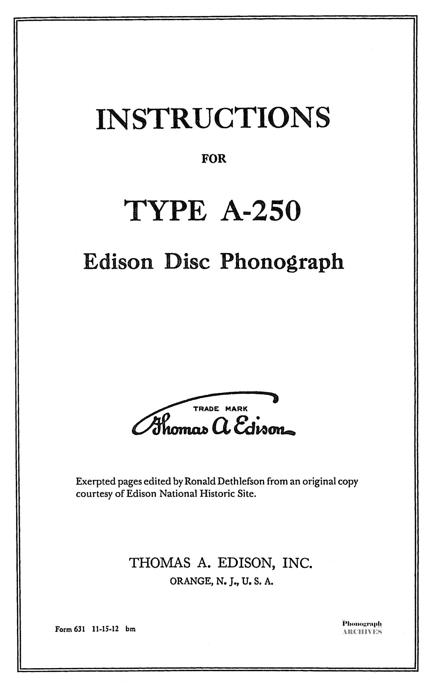 Edison A-250 Instruction Manual (PDF Version)